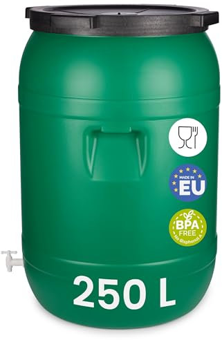 Garronda Serbatoio Acqua in plastica HDPE da 250 Litri a Bocca Larga con Coperchio, Realizzato in Materiale Privo di BPA, cisterna plastica Universale, cisterna con Rubinetto GD-0078, Verde
