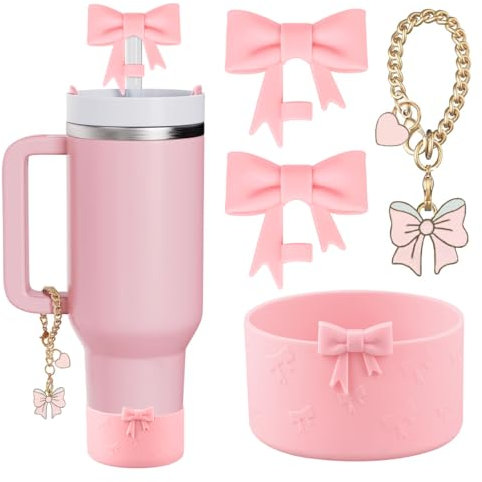 Water Bottle Accessories Set for Stanley Cup,2Pcs 10mm Bow Straw Topper Straw Cover Cap,1PCS Bow Charms,1PCS Siliocne Boot for Stanley 30&40 Oz Tumbler with Handle for Women (Pink)