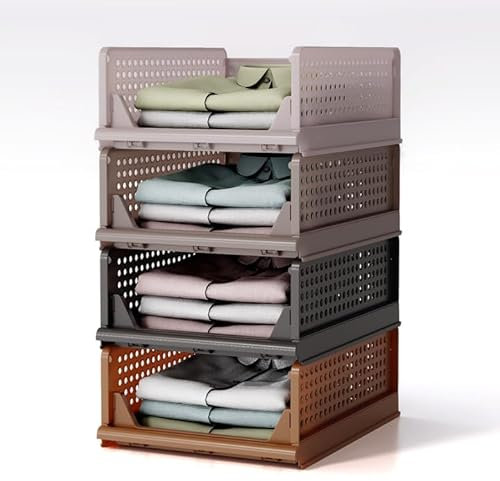 RMAN® 4 pcs Organizador Armario Organizador Cajones Extraíbles de Plastico Plegable y Apilable Ordenar Armario Cajas Almacenaje Ropa para Cocina Dormitorio Baño - Marrón