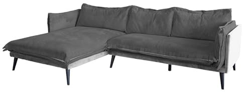 KAWOLA Ecksofa Cord Dunkelgrau & Velvet Silber L-Form QUENYA Eckcouch Velours Big Sofa I Recamiere Links I Wohnzimmer Modern