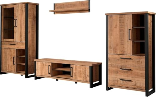 Wandregal Enna Mango · B 389 x H 195 cm | B 389 x H 195 x T 45 cm · Vollauszug · für TVs bis 65 Zoll · Metallgriffe · optional mit LED-Beleuchtung