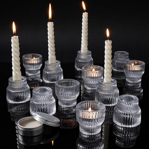 Romcanmy Kerzenhalter Glas, 12er Set 2-in-1 Klar Gerippt Teelichthalter Glas mit Klebewachs für Tischdeko, Romantische Kristall Kerzenständer Stabkerzen für Hochzeit, Geburtstag, Party, Weihnachten
