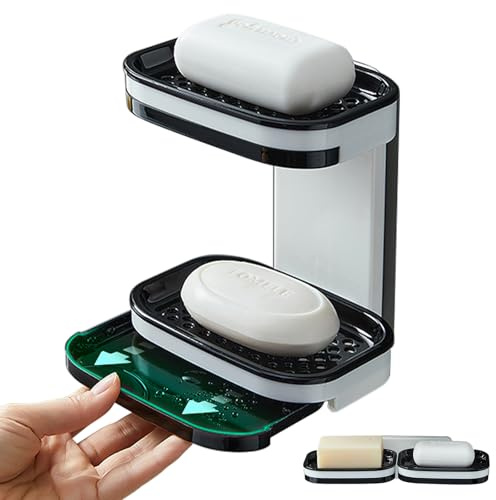 Double Layer Soap Dish for Shower, Wall Mounted Soap Holder, Plastic Soap Tray with Drainage for Bathroom,Tub, Kitchen Sink Sponge Caddy, Self Adhesive, Drill-Free & Removable (Black)