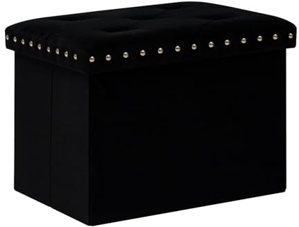 Bonlife Faltbare Aufbewahrungsbox Sitzhocker mit Stauraum, Nieten Sitztruhe Sitzwürfel Fußablage, Gepolsterte Sitzfläche,Schwarz,Samt,42x32x32cm