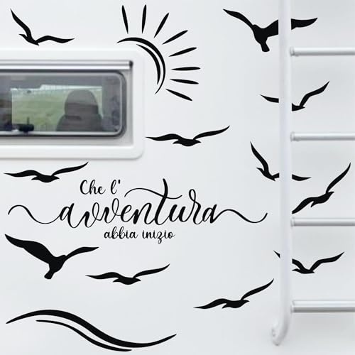 Decalart Set 14 Adesivi Camper Frase Che l'Avventura abbia inizio gabbiani sole mare onde decalcomanie Universali Caravan Van Roulotte L280 (070 Nero)