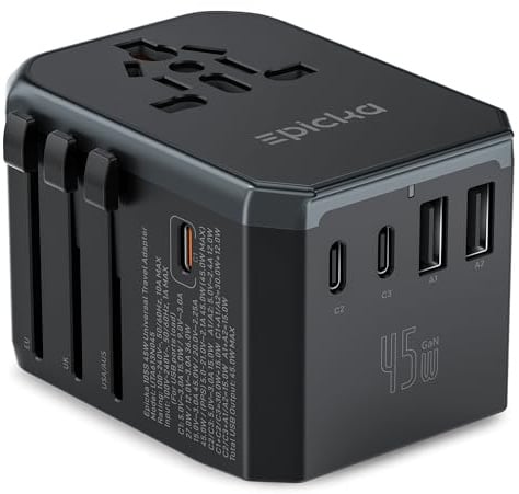 Epicka Adattatore da Viaggio Universale PD Fast Charge, Ricarica Rapida 45W, Adattatore da Viaggio con 3 USB C e 2 USB A, Universale per UE, USA, UK, Thailandia, Australia – Adattatore da Viaggio 105s
