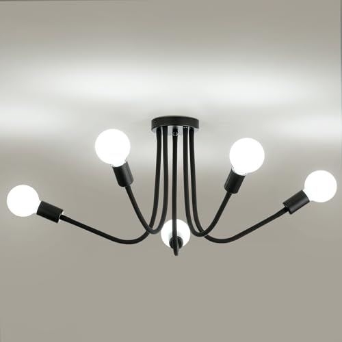 NUODIFAN Moderne Deckenleuchte Schwarz 5-flammig, Vintage Sputnik Kronleuchter mit 360° Verstellbaren Armen, E27 Industrie Deckenlampe für Wohnzimmer, Schlafzimmer, Küche & Esszimmer