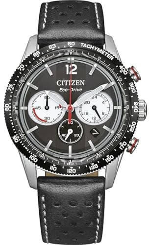 Citizen Eco-Drive Herrenuhr Edelstahl, Schwarz, 39.9 mm, CA4717-06E | Analog Chronograph, Kristallglas, 10 bar Wasserdicht, 270 Tage Gangreserve, 24h Anzeige, Datum, Lederband