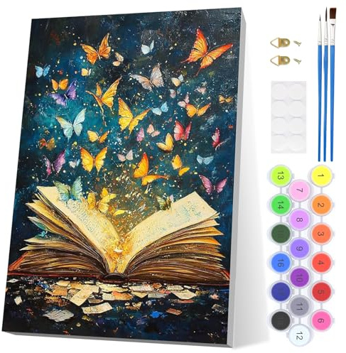 EOBROMD Mariposa Pintar por Numeros Adultos, Libro Pintura por Numeros con Marco, Animales Kit de Pintura al óleo de Lienzo DIY para con Pinceles, Pigmento Acrílico, Decoración para el Hogar 20x30cm