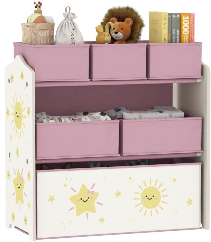 AIYAPLAY Scaffale Portagiochi Bambini a 3 Livelli con 6 Contenitori Rosa | Contenitori in Tessuto Rimovibili, Mobile Porta Giocattoli, per Camera da Letto, Soggiorno, Camera dei Giochi
