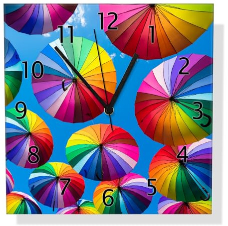Wallario Design-Wanduhr Bunte Regenschirme vor blauem Himmel aus Glas, Motiv-Uhr Größe 30 x 30 cm, Schwarze Zeiger