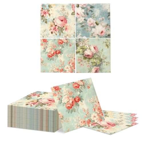 Tapufitil 40 Stück Vintage Blumen Servietten, Floral Decoupage Dekoservietten, Einweg‑Papierservietten 33x33cm für Muttertag, Frühlings‑Picknick&Hochzeitsfeiern