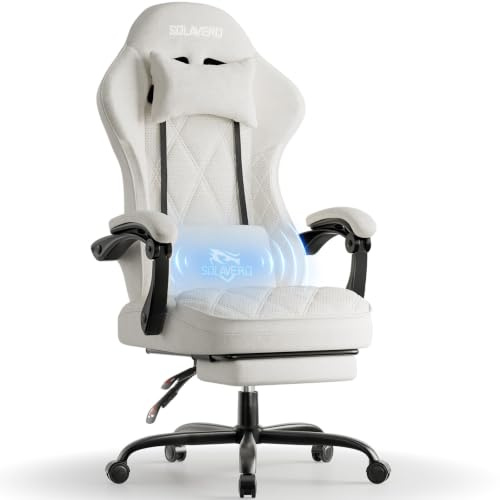 Precision Synergie Fabric Gaming Chair with Massage Function, Ivory White | Ergonomic Computer Chair with Footrest, Headrest and Lumbar Support, Comfy PC Gamer Chairs for Adults
