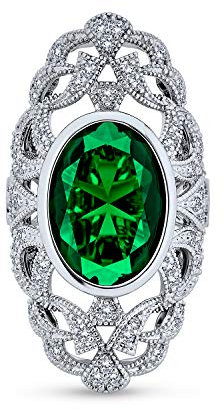 Bling Jewelry Anillo de Dedo Completo con Estilo Vintage Filigrana Verde Esmeralda Ovalada CZ Esmeralda Simulada Latón Chapado en Plata - Joyería de Declaración