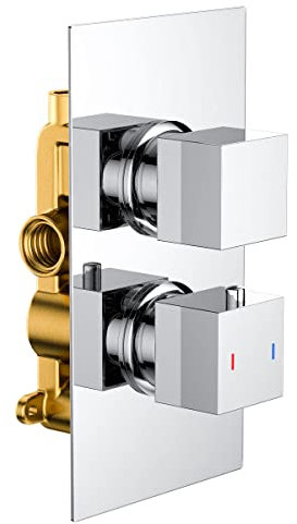 Premium Concealed Twin Thermostatic Shower Mixer Valve in Chrome | 1 Way | 2 Square Handles with Anti Scald Feature