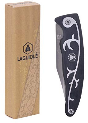 LAGUIOLE - Jagdmesser mit schwarzem Pakka-Holzgriff und eingelegter Arabeskenverzierung - Klinge aus Edelstahl - -
