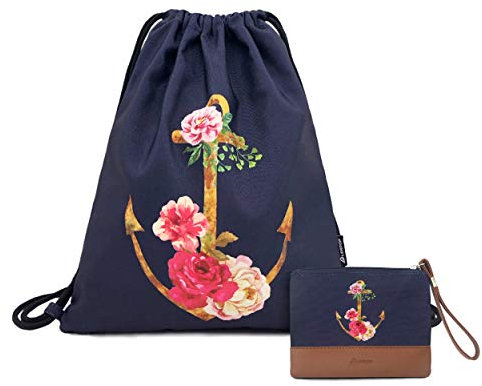 Leapop Turnbeutel Hipster Segeltuch Sporttaschen, Unisex Anker Blumen Gym Sack Beutel Sportbeutel Tüte Rucksack mit Innentasche und Schlüsselbund,Eines Münzbörsen (Navy Blau)
