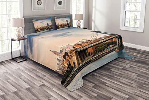 ABAKUHAUS Vereinigte Staaten von Amerika Tagesdecke Set, Manhattan-Brücke in New York City, Set mit Kissenbezügen Waschbar, für Doppelbetten 220 x 220 cm, Mehrfarbig Creme