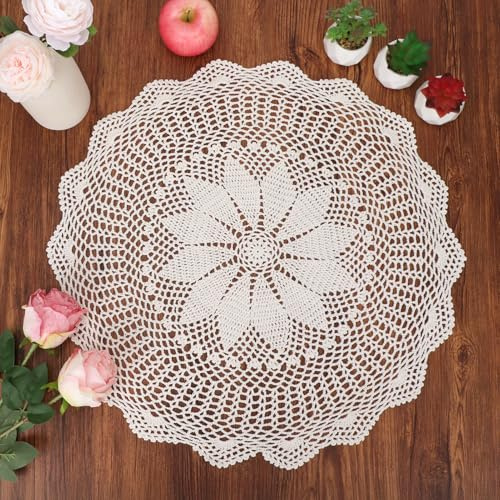 kilofly Handmade Crochet Cotton Lace Table Sofa Doily, Waterlily, Beige, 22 inch