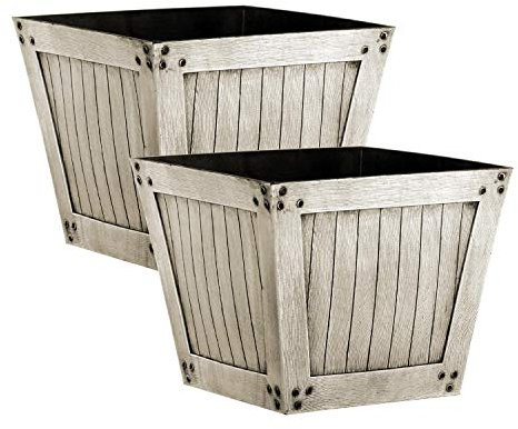 Slatted Wood Style Plastic Planter - Natural, Set of 2 - Suitable for Indoor or Outdoor Use - 25cm (H) x 31cm (Dia)