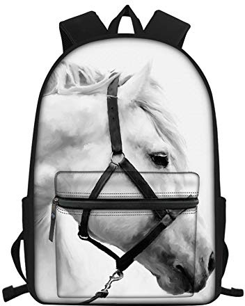 Amzbeauty Sacs d'école pour enfants avec impression d'animaux 3D durable, Cheval blanc., 15.6 (39,6 cm), Sac à dos d'école