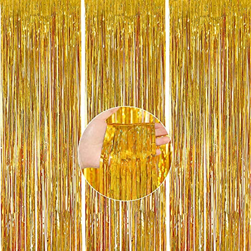 PartyWoo Foil Fringe Curtains Lametta Vorhänge, 3 Stück Party Hintergrund, Gestreift, Gold, Partydeko für Hochzeit, Baby Shower, 1x2m