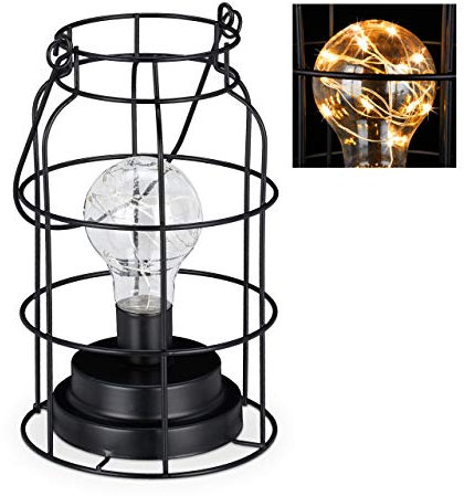 Relaxdays Tischlampe Vintage, Gitterlampe mit LED Glühbirne, warmweiß, Batterie, Drahtlampe Industrie Design, schwarz