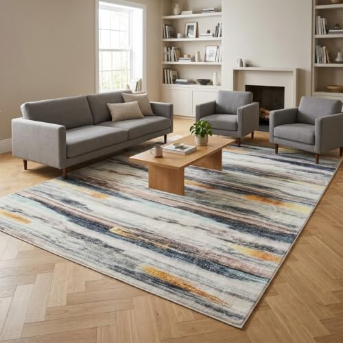 Tinyboy-hbq Tapis Salon Moderne Doux Tapis Chambre à Poils Courts Grand Tapis Antidérapant Motif Rayé (Multi, 160 x 200 cm)