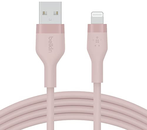 Belkin BoostCharge Flex Silicone USB Type A to Lightning Cable (2M/6.6FT), MFi Certified Charging Cable for iPhone 14/14 Plus, 13, 12, Pro, Max, Mini, SE, iPad and More – Pink