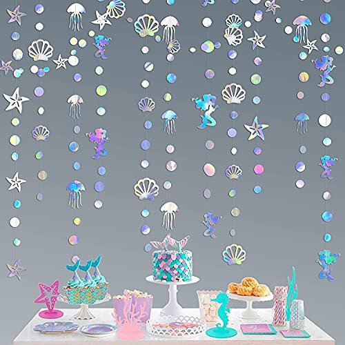 52 Ft Iridescent Mermaid Garland with Jellyfish Seashell Starfish Pearl Holographic Paper Streamer for Little Mermaid Rainbow Theme Birthday Bachelorette Baby Shower Under The Sea Party Decorations