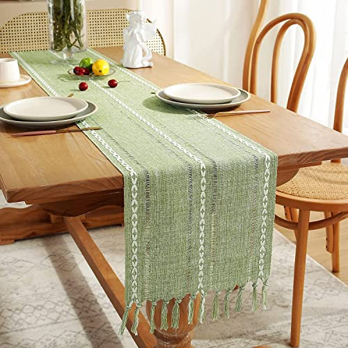 LOMOHOO Tischläufer Baumwollflachs Tischläufer mit handgefertigten Quasten,Tischkollektion,Esstischdekoration für Picknick Party Küche Hochzeit (Hohlsaum Salbei Grün, 183x33cm)
