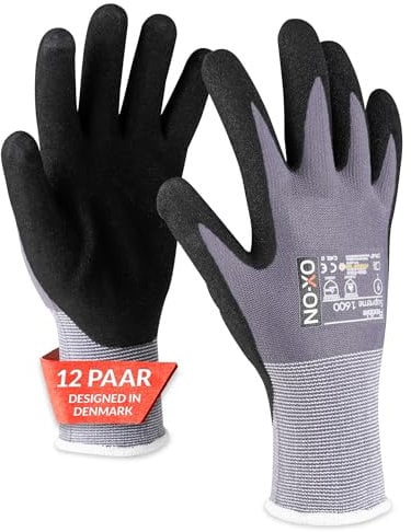 OX-ON Flexible Supreme 1600 Arbeitshandschuhe Gr.12 I 12 Paar atmungsaktive Schutzhandschuhe mit Nitrilbeschichtung I Graue Mechanikerhandschuhe mit hohem Tastgefühl & Grip I EN Zertifizierung