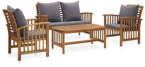 Hommdiy Akazienholz Massiv Gartenmöbel 4-TLG. Lounge Bank Stuhl Tisch Gartenset Sitzmöbel Sitzgruppe Gartenbank Beistelltisch Gartengarnitur (Dunkelgrau)