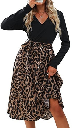 CUPSHE Women's Maxi Dress V Neck Long Sleeve Tie Belt A-Line Casual Dress Party Cocktail Midi Skater Dress Leopard Print L
