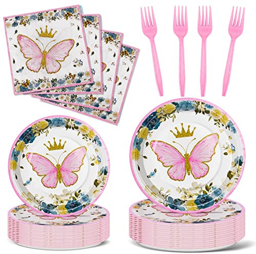 Nkaiso Vajilla de Fiesta 96 pcs Temas Mariposa Cumpleaños Infantiles Decoracion de Fiesta Kit Incluye Papel Platos Servilletas reutilizable Cubiertos -24 Invitado