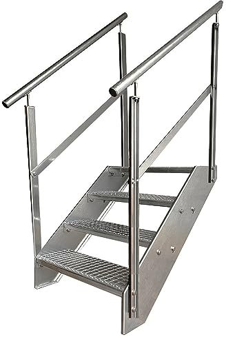 Kaminbau Mierzwa Premium Stahl Treppe Beidseitiges Geländer Verzinkt 4 Stufen (Breite 800 mm) (Höhe 76 cm) Wetterfest Gitterroststufe Gartentreppe
