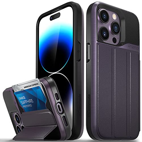 VENA vCommute Wallet Case Compatible with Apple iPhone 14 Pro (6.1), (Military Grade Drop Protection) Flip Leather Cover Card Slot Holder with Kickstand - Deep Purple/Black