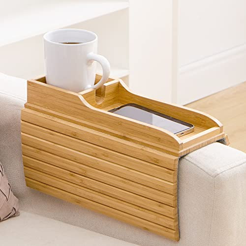 GEHE Natürlicher Bambus-Couch-Becherhalter, Anti-Sturz-Sofa-Armlehne, flexibler Couch-Arm-Tisch, tragbarer Couch-Arm-Tablett für Fernbedienung/Snacks/Handy/Getränke/Tasse, GE003
