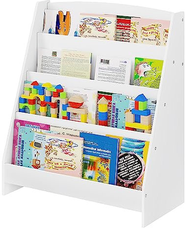 Lestarain Kinderregal mit 4 offenen Fächern, Bücherregal Aufbewahrungsregal für Kinder, Standregal, Kinderzimmerregal aus MDF, mit Kippsicherung, Weiß
