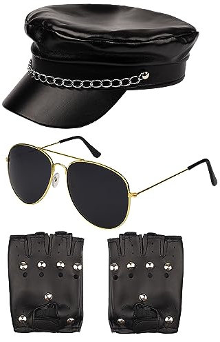 Bohue 3 Stück Herren 80er Jahre Biker Kostüm Zubehör Schwarz Biker Cap mit Kette Sonnenbrille Punk Handschuhe Party Kostüm Dress Up Zubehör für Erwachsene