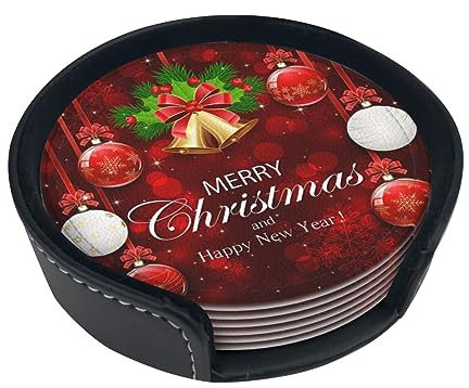 Untersetzer mit Weihnachtskugel, goldene Glocke, rund, Leder, mit Halterung für verschiedene Tassen, Tische, Heimdekoration, 9,9 cm, 6 Stück