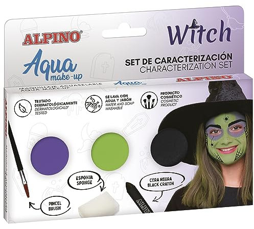 Alpino Set de caracterización Aqua Make up Bruja | Maquillaje Facial y Corporal Base Agua | Ideal para Disfraces de niños y Adultos | Pintura Base Agua para Uso recreativo y semiprofesional