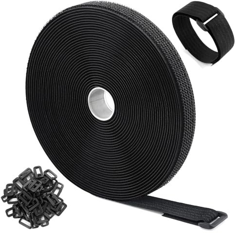 WSZJINB Fascette Fermacavi da 10m x 2.5cm con 50 Fibbie, Fascette Nere Riutilizzabili, Fascette a Strappo, Cinghie Fermacavi per Cable Management, Organizzatore Cavi, 2.5cm di Larghezza Nero
