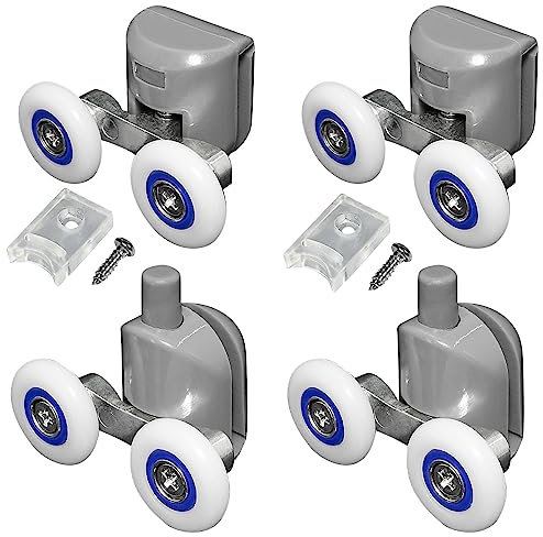 Shower Door Twin Rollers, Set of 4 - Top & Bottom, Zinc Alloy Runners Wheels, Shower Door Twin Rollers for Curved Doors, Bathroom Replacement Parts (23mm - Plastic+Zinc)