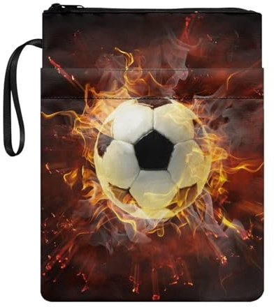 NETILGEN Buchhülle mit Reißverschluss, wiederverwendbar, Motiv: Flammen-Fußball, Taschenbuch, Bucheinband, waschbarer Stoff, Buchhülle mit Tasche, 29 x 22,1 cm