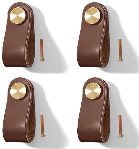Yuaaoh Lederknöpfe Möbel 4 Stück Schubladenknöpfe aus Leder Schrankgriffe Lederschlaufen mit Schrauben Knöpfe Kommode Leder Schrank Ledergriffe für Wohnkultur, Möbelgriffe Einzelloch (Braun)