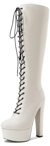 Castamere Donna Chunky Blocco Alto High Piattaforma Tacco Heel Rotonda Punta Lacci Cerniera Metà polpaccio Altezza Ginocchio Stivali Casual Dress 15 CM Heels Bianco Avorio 44 EU