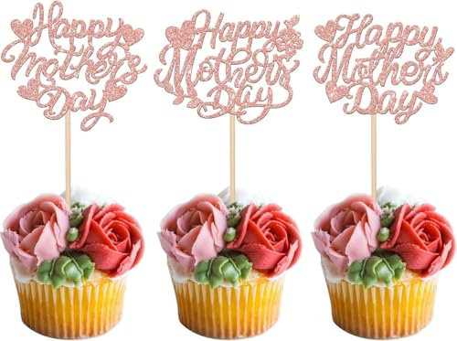 SYKYCTCY 24 Pack Happy Mother's Day Cupcake Toppers with Glitter Heart Love Mother Best Mom Cupcake Picks for Happy Mother's Day Theme Women Birthday Party Cake Decorations Supplies Rose Gold