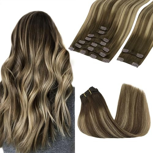 GOO GOO Clip in Echthaar Extensions, 45cm 150g 9pcs, Haarverlängerung, 4/26/4 Schokobraun bis Honigblond