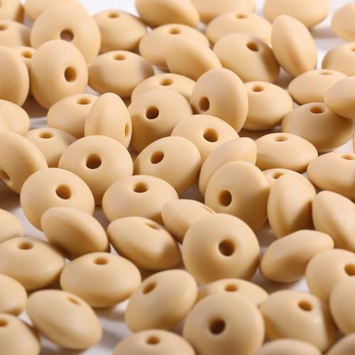 Ahouws 150Pcs Silicone Lentil Beads，12mm Silicone Abacus Focal Beads Bulk Colorful DIY Colorful Silicone Beads for Bracelet Necklace Crafts Pen Making(Khaki)